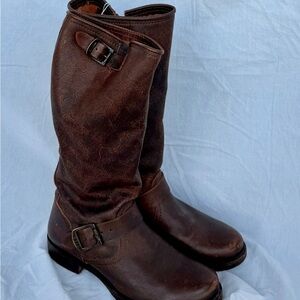 Frye Tall Buckle Leather Moto Boots in Dark Brown